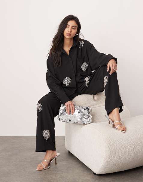 ASOS EDITION - Sorte bukser med brede ben og prikker med rhinstens-frynser - Del af sæt - view 1