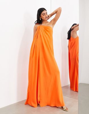 Asos Design Spiral Trim One Shoulder Maxi Dress In Bright Orange-green