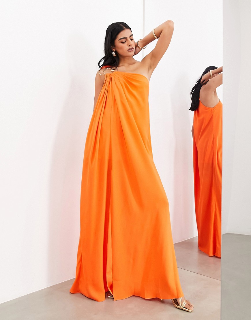 ASOS EDITION spiral trim one shoulder maxi dress in bright orange-Green