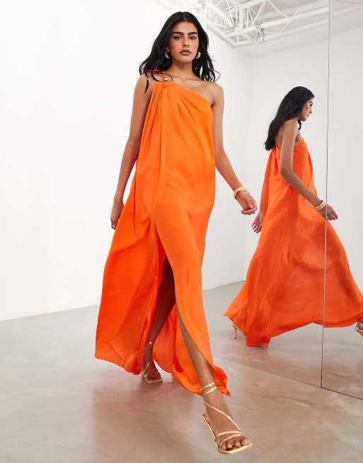 ASOS EDITION ruched gathered waist chiffon cami maxi dress in clementine