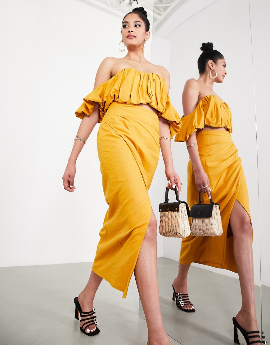 Asos Design Split Side Midi Skirt In Mustard - Part Of A Set-yellow