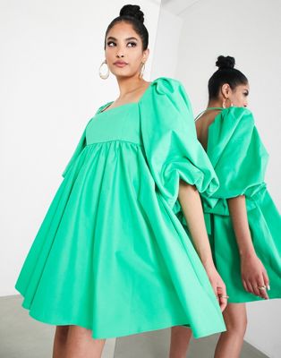 Asos Design Square Neck Empire Mini Dress In Cotton Twill In Bright Green
