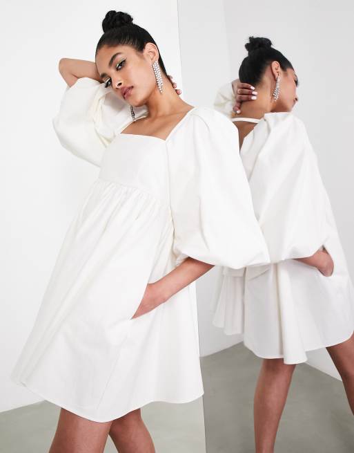 ASOS EDITION square neck empire mini dress in cotton twill in ivory, 3 of 4