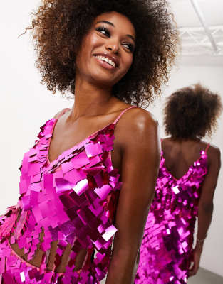 square paillette sequin crop top in hot pink