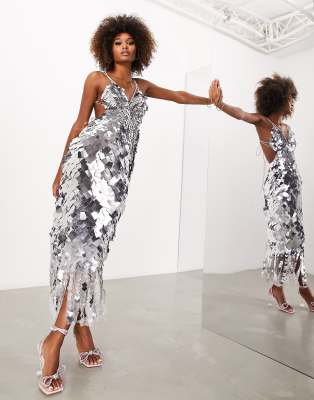 ASOS EDITION square paillette sequin midi dress in silver