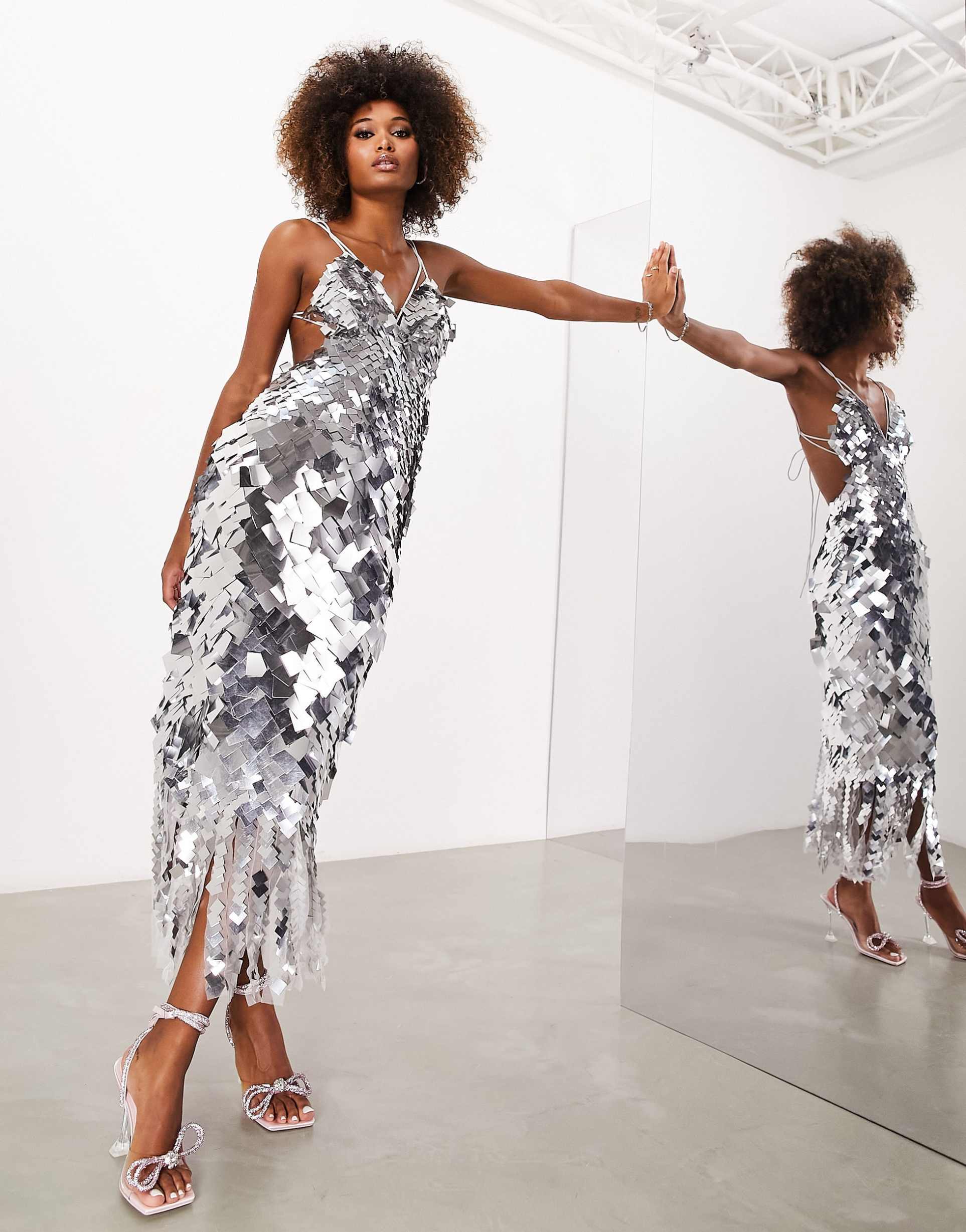 asos edition square paillette sequin midi dress in silver