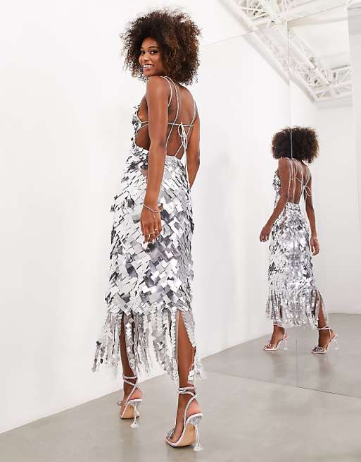 sequin dress silver Miss Circle Women's Noelle Pearl-Embellished Sweetheart Maxi over sparkle * Fit Detail North Star | Silver Sequin