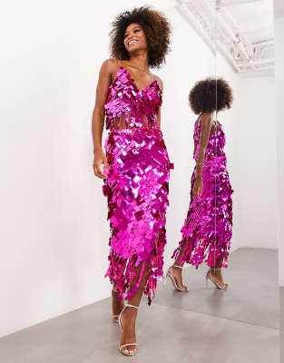 Asos Design Square Paillette Sequin Midi Skirt In Hot Pink | ModeSens