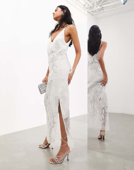 ASOS Edition – Srebrna spódnica maxi ze wstawką z koronki w haftowany wzór, część zestawu