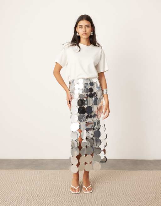ASOS Edition – Srebrna spódnica midi zdobiona dyskami