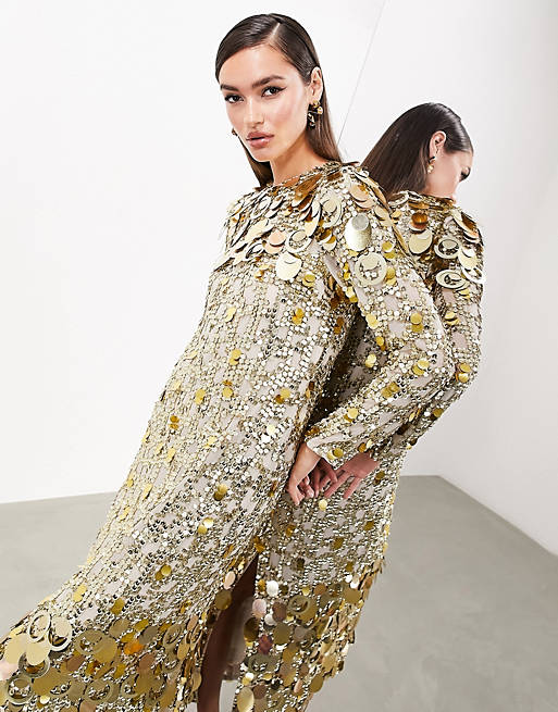 ASOS EDITION stacked multi sequin long sleeve column midaxi dress in ...