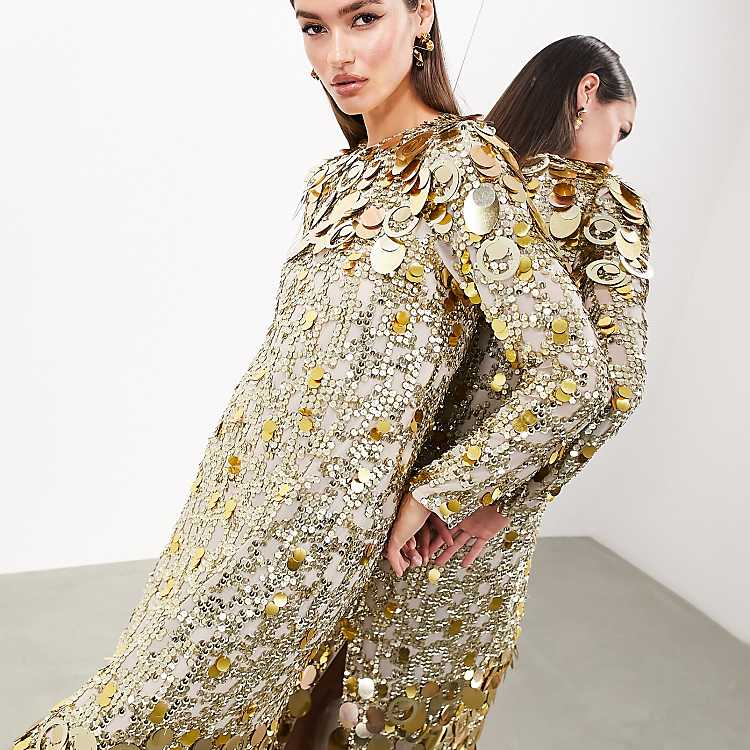 long sleeve gold glitter dress Plunge Front Draped Detail Mini In Sequin | EGO US 35 CARE Hand Wash Cold Karissa Long Sleeve Sequin Formal