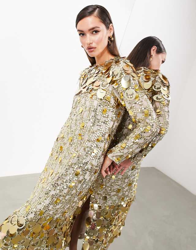 ASOS EDITION - stacked multi sequin long sleeve column midaxi dress in gold