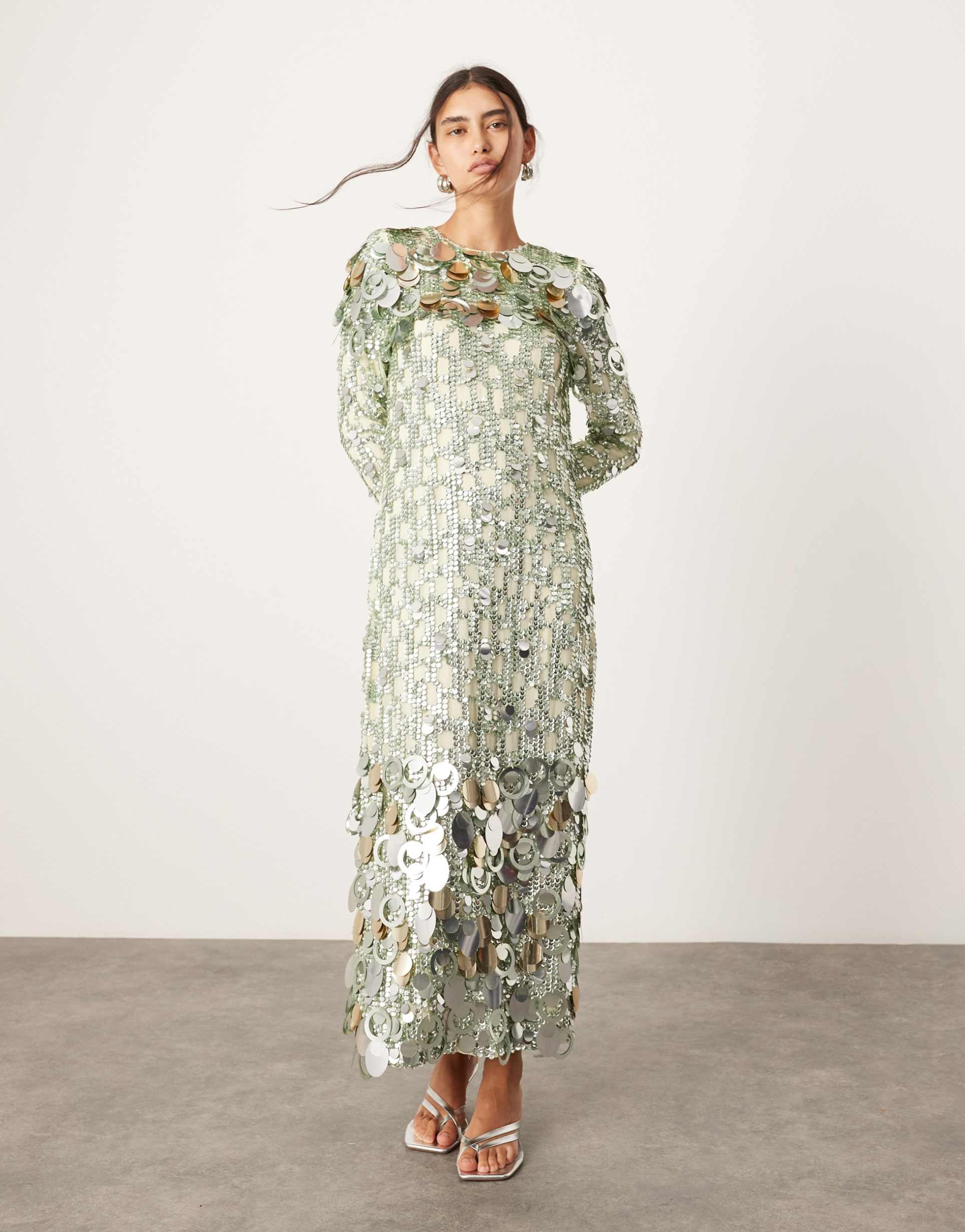 asos edition stacked multi sequin long sleeve column midaxi dress in green