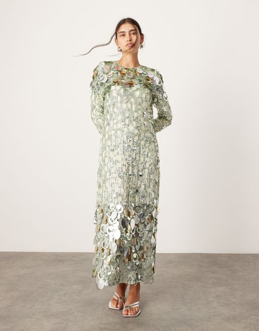 CerbeShops EDITION stacked multi sequin long sleeve column midaxi dress in green