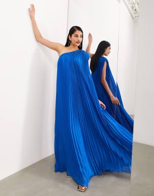 ASOS EDITION - Stark plissiertes One-Shoulder-Maxikleid in leuchtendem Blau-Schwarz