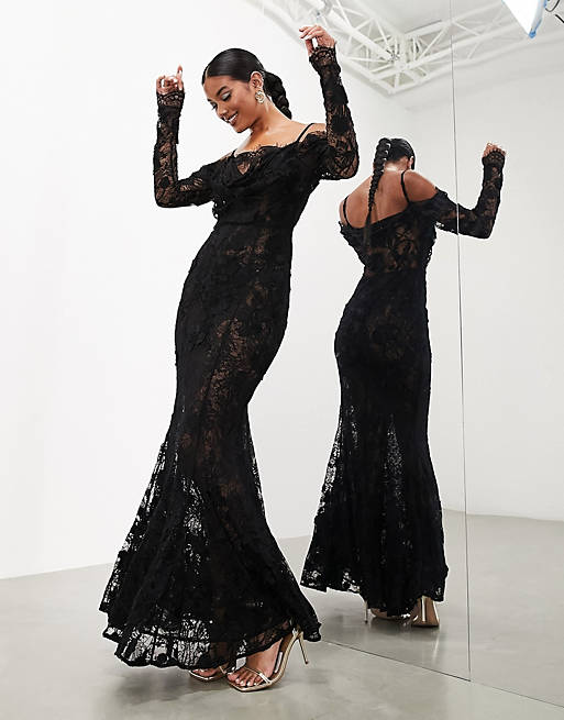 ASOS EDITION statement applique lace fishtail maxi dress with cowl neck ...
