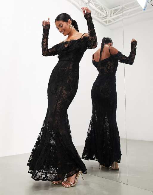 Black lace long 2025 sleeve fishtail maxi dress