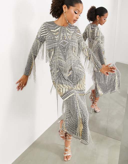 Beaded embellished long sleeve bodycon dress sale