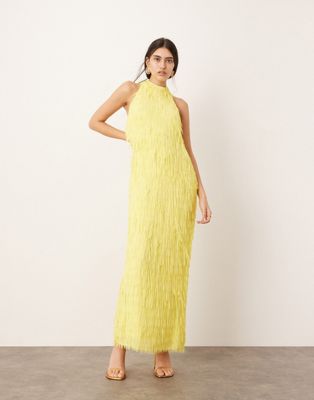 ASOS EDITION statement fringed halter maxi dress in yellow