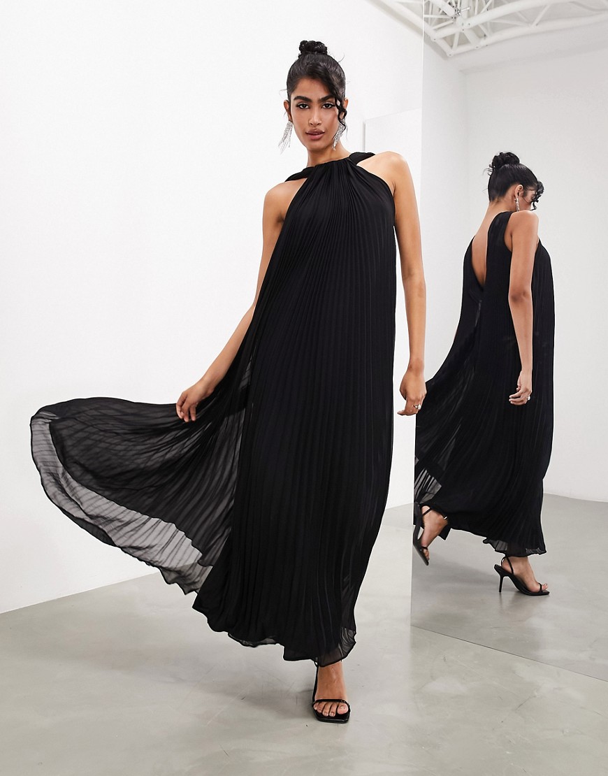 ASOS EDITION statement halter sleeveless pleated maxi dress in black