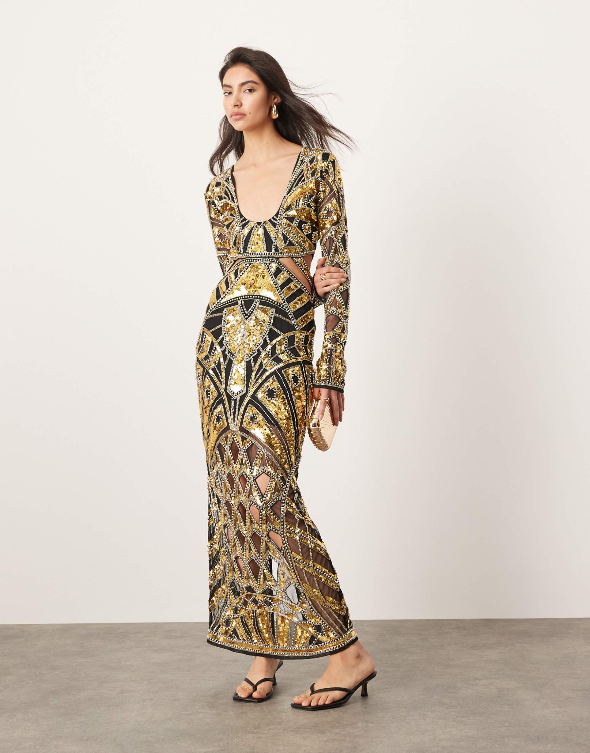 asos edition statement long sleeve sequin cut work plunge neck maxi dress in black and gold