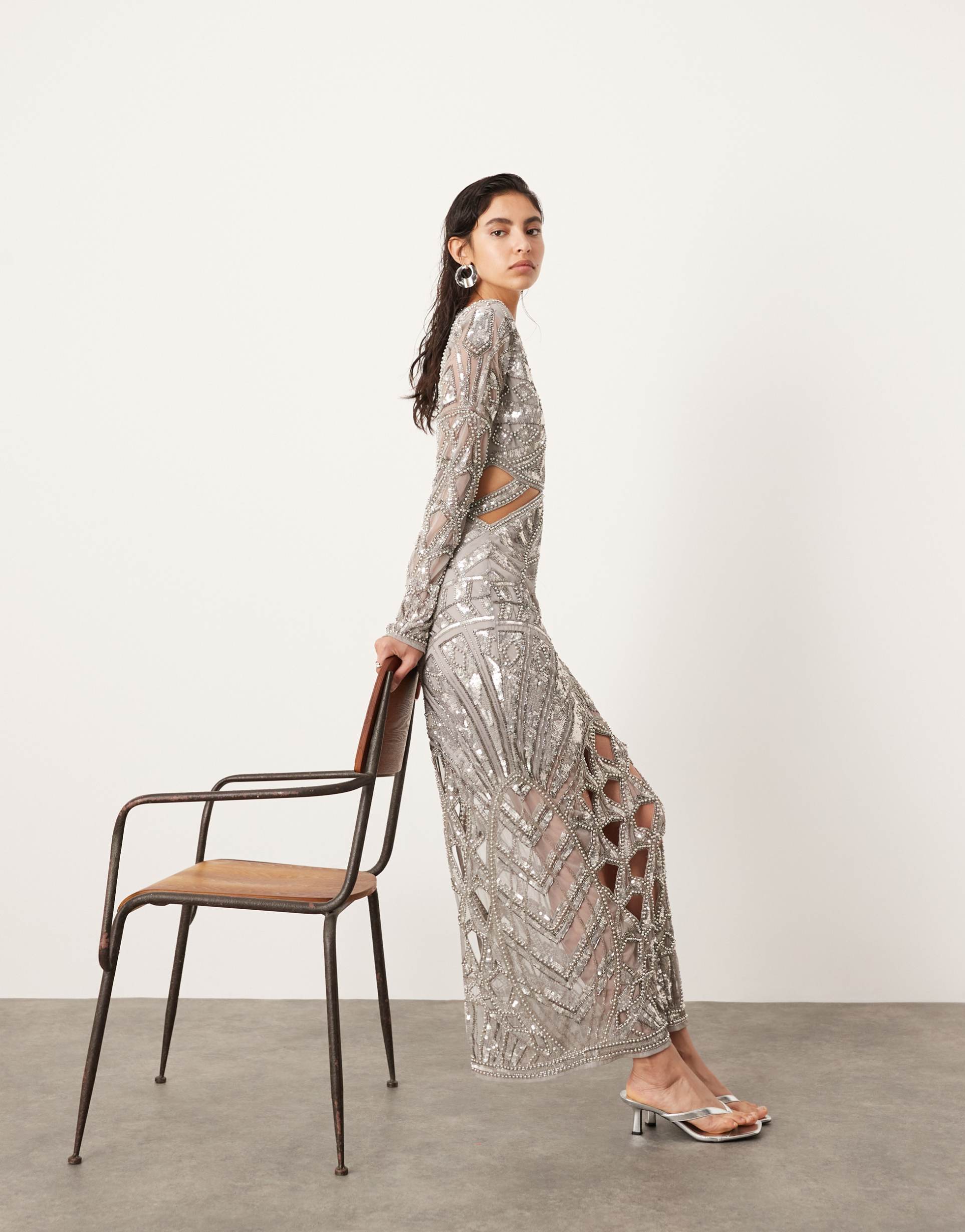 asos edition statement long sleeve sequin cut work plunge neck midaxi dress in silver