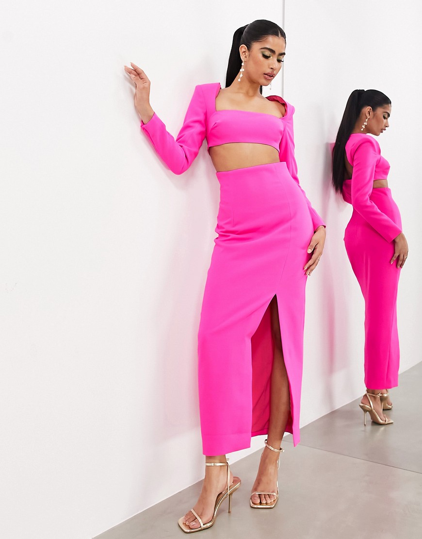 ASOS EDITION statement long sleeve square neck maxi dress in hot pink