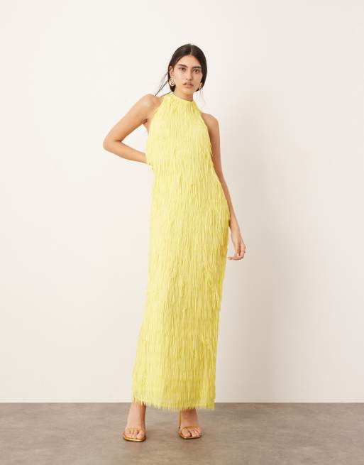 ASOS EDITION - Statement maxi-jurk met franje en halternek in geel