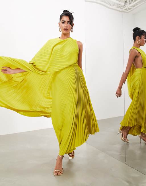 ASOS EDITION statement one sleeve pleated maxi dress in chartreuse