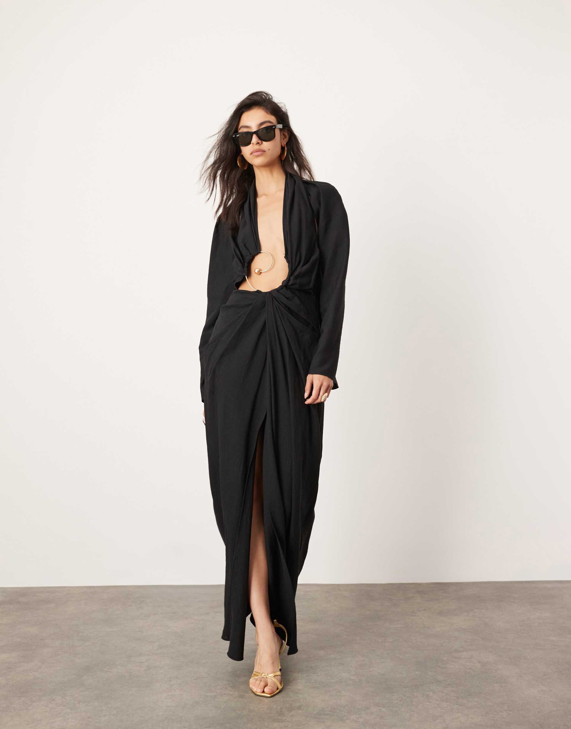 asos edition statement spiral trim long sleeve maxi dress in black