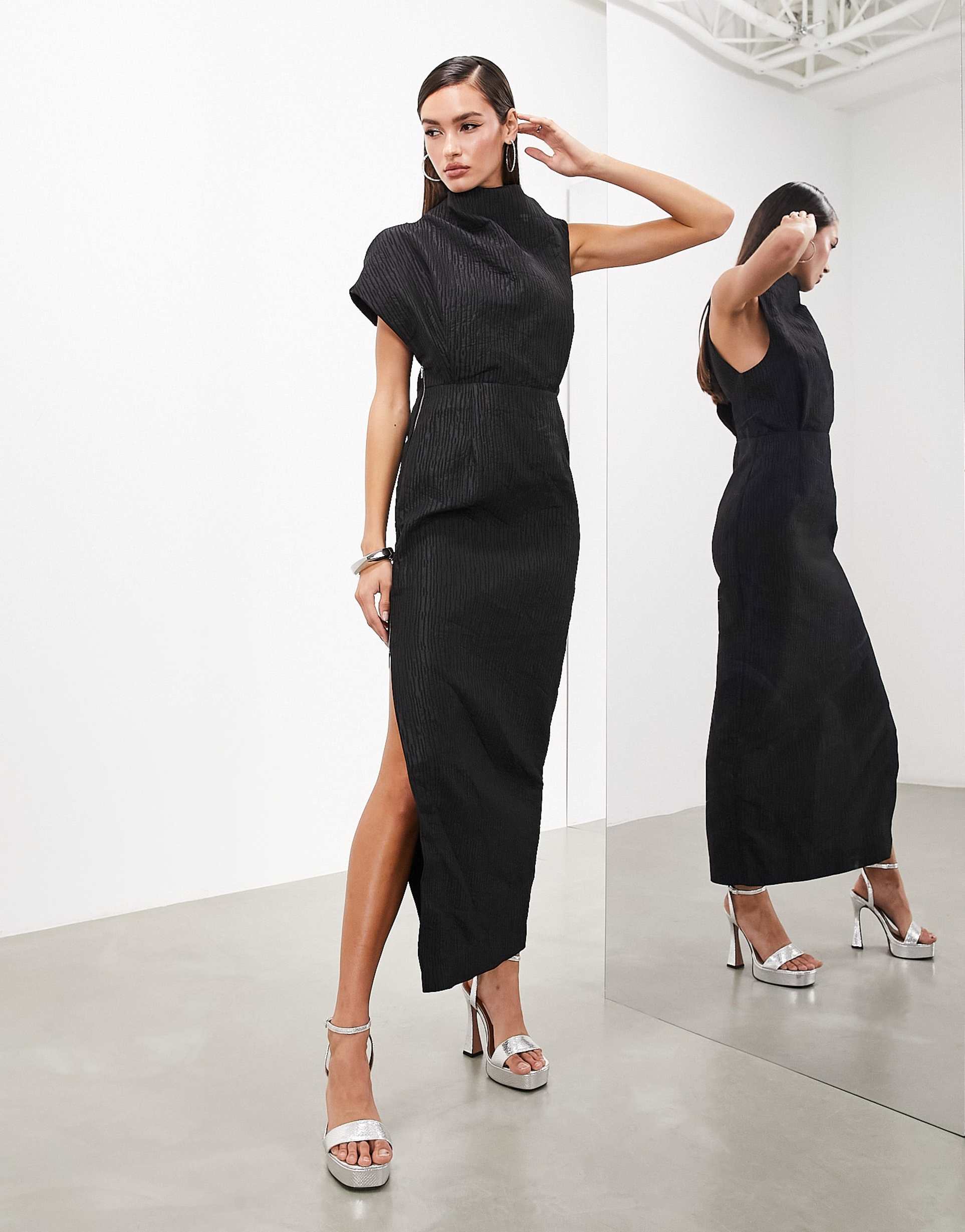 asos edition statement textured high neck sleeveless maxi dress in black