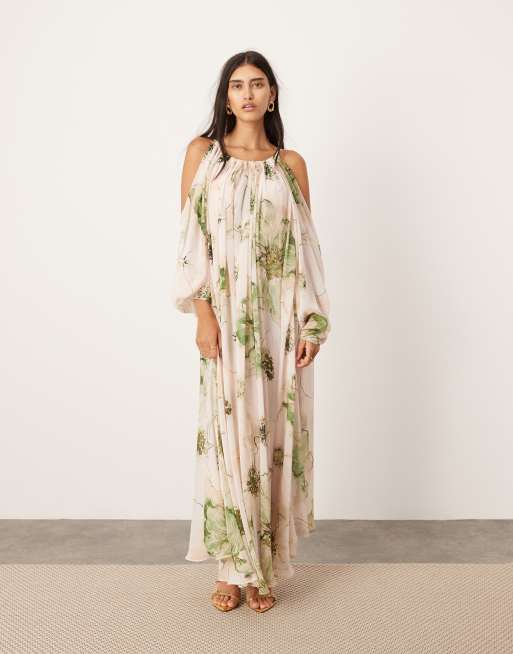 ASOS EDITION – Storblommig maxiklänning i chiffong med draperade axlar och bar rygg, 3 av 4