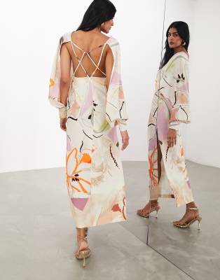 ASOS EDITION strapping detail maxi dress in stone arty floral-Multi