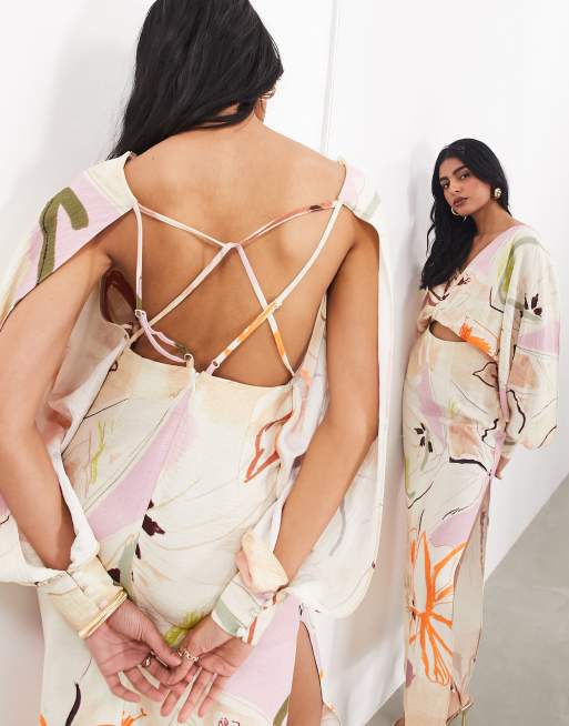 ASOS EDITION strapping detail maxi dress in stone arty floral, 2 of 4
