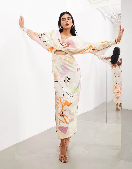 ASOS EDITION strapping detail maxi dress in stone arty floral, 3 of 4