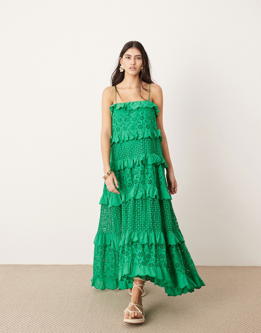 ASOS EDITION strappy broderie trapeze tiered maxi dress in mid green