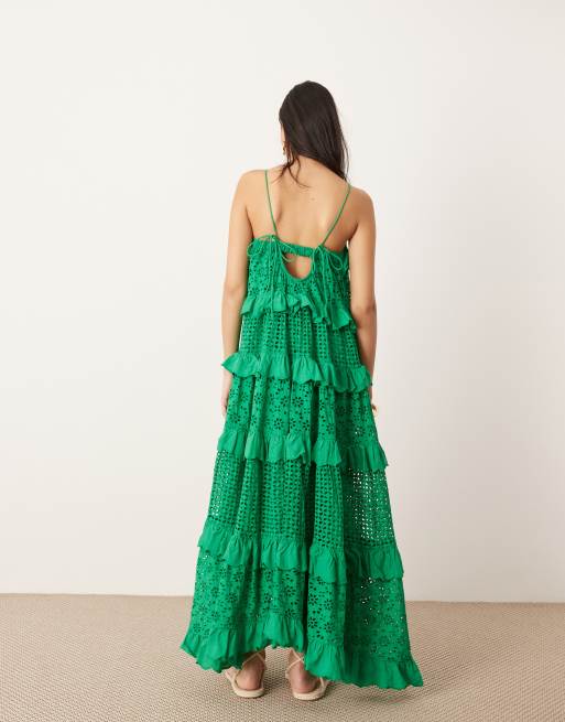 ASOS EDITION strappy broderie trapeze tiered maxi dress in mid green | ASOS