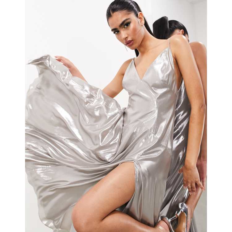 ★ DIAGONAL★ STRAP CAMISOLE DRESS silver DA234OP01SV ASOS EDITION metallic cami maxi dress with drape detail in