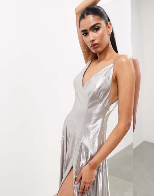 ASOS EDITION strappy cami paneled maxi dress in metallic silver