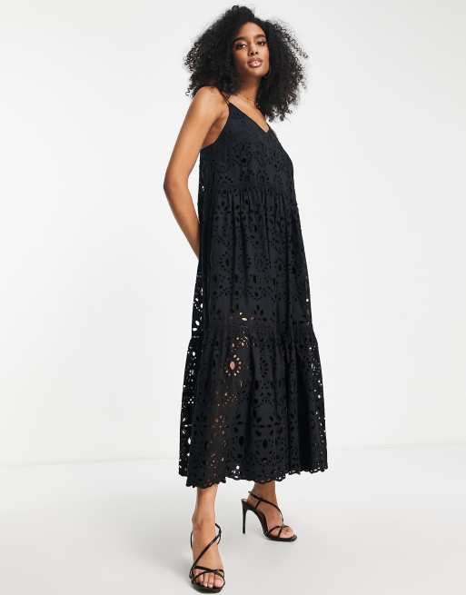 ASOS EDITION strappy cami tiered broderie maxi dress in black