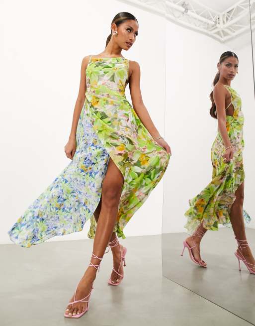 ruched mixed media maxi dress Express Mixed Media Scoop Neck Drop Waist Maxi Dress