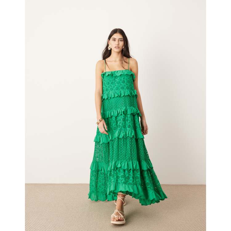 ASOS EDITION strappy eyelet trapeze tiered maxi dress in mid green | ASOS