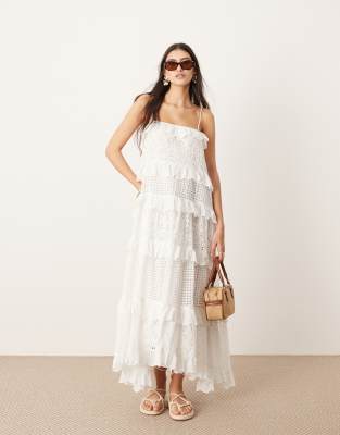 Asos Design Strappy Eyelet Trapeze Tiered Maxi Dress In White | ModeSens