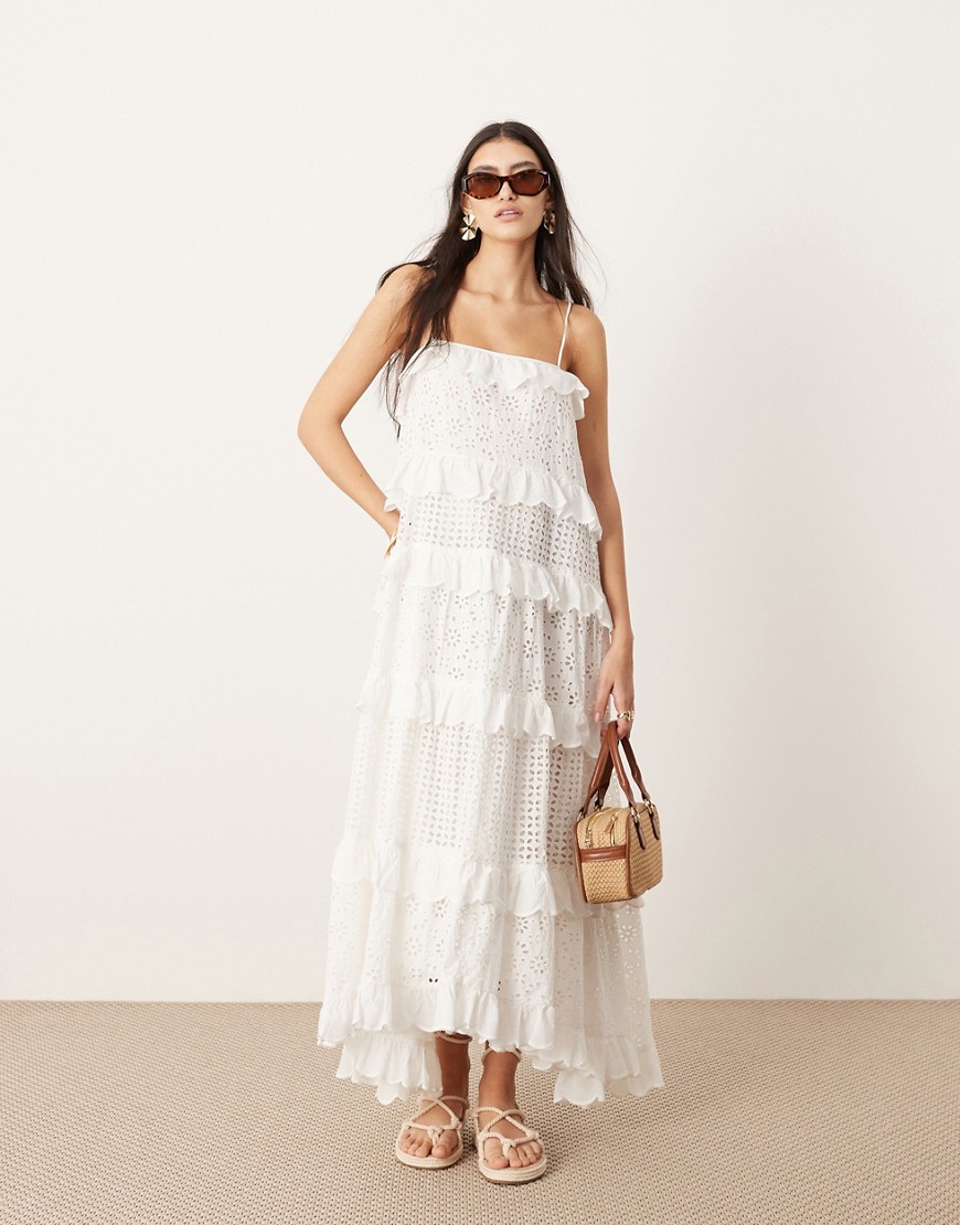 Asos Design Strappy Eyelet Trapeze Tiered Maxi Dress In White