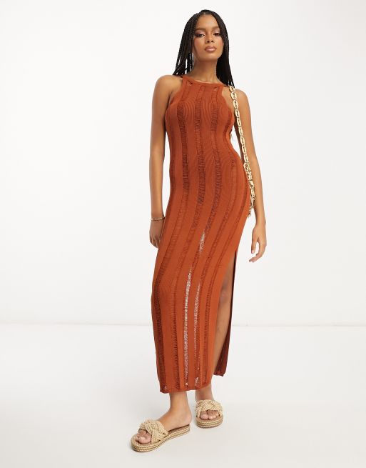 ASOS EDITION strappy semi-sheer knit maxi dress in rust | ASOS