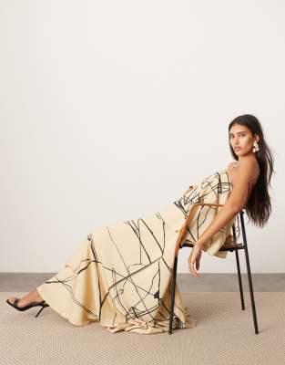 Asos Design Strappy Square Neck Maxi Dress With Dramatic Drape Detail In Mono Abstract Print-multi
