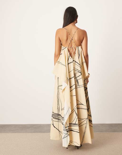 ASOS EDITION strappy square neck maxi dress with pockets and dramatic drape detail in mono abstract print, 2 of 4