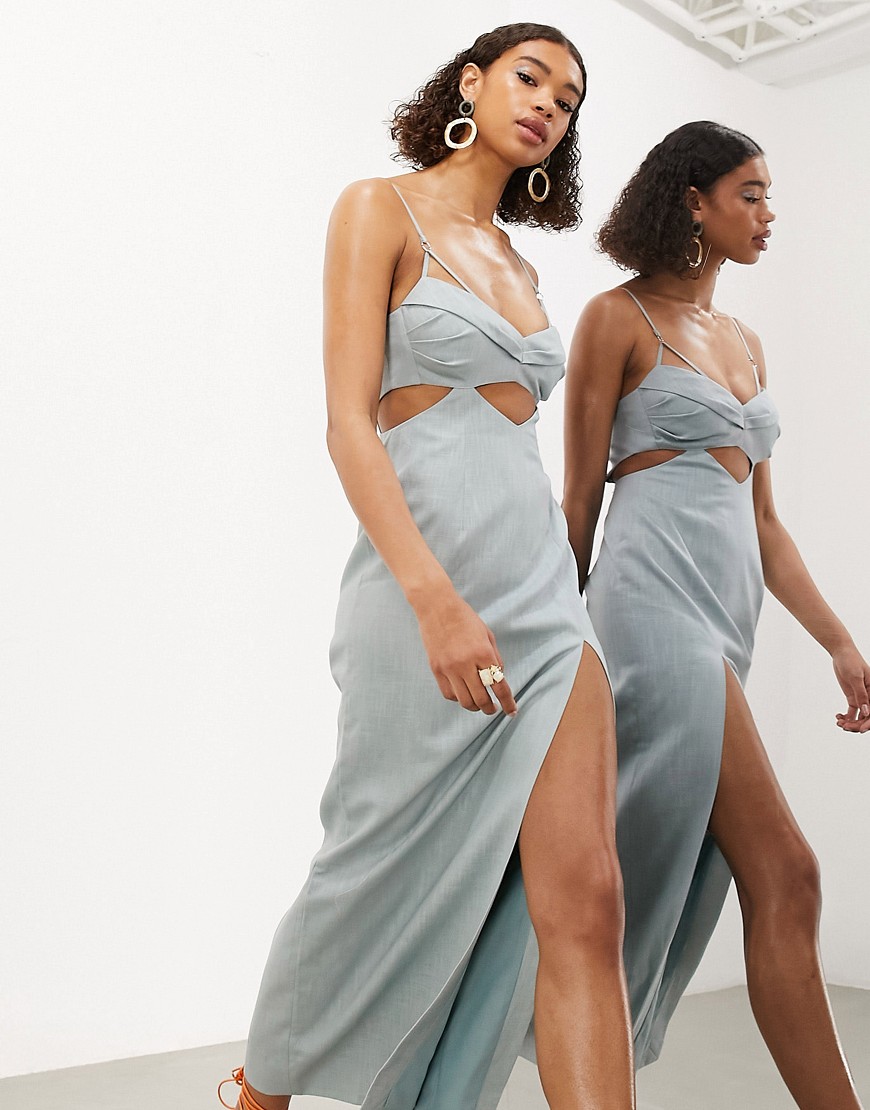 ASOS EDITION strappy turn back midi dress with cut out in dusky blue