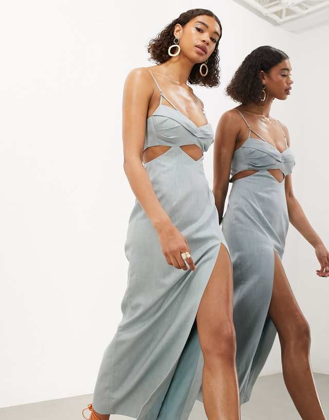 ASOS EDITION strappy turn back midi dress with cut-out in dusky blue